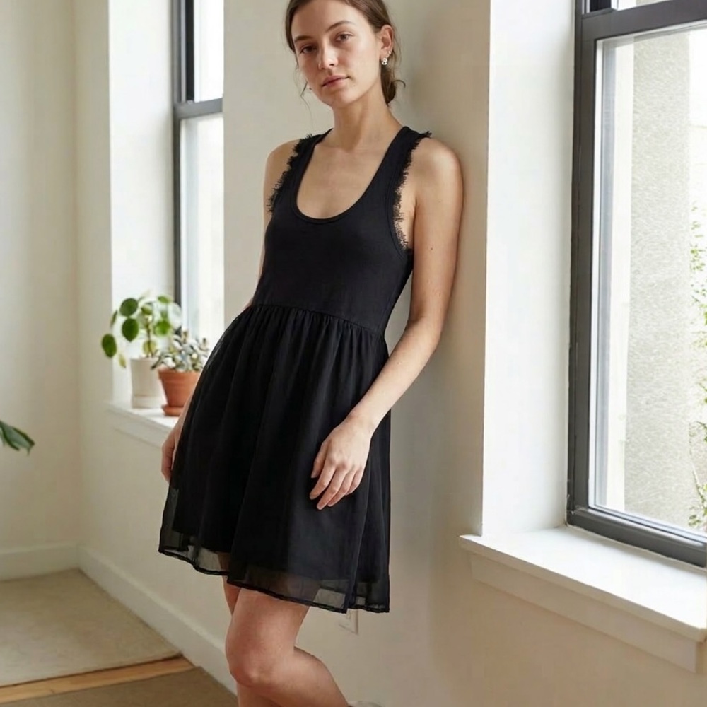 Talia Black Peruvian Cotton Knit Racerback Sundress Floaty Layered Skirt M